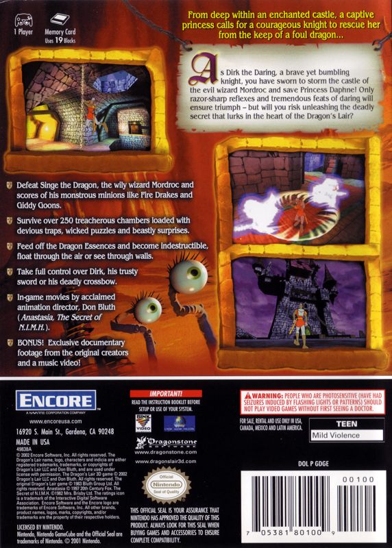 
Dragon's Lair 3D: Return to the Lair | GameCube | back cover | Data by MobyGames.com