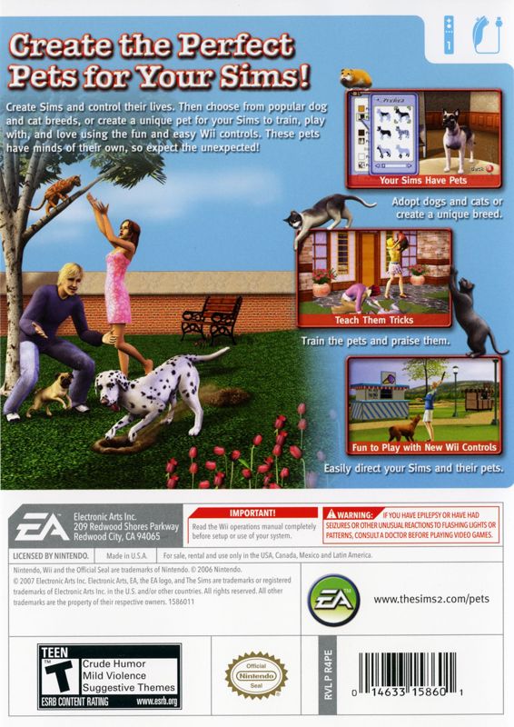 The Sims 2: Pets | Wii | back cover | region=North America | source-country=Canada,Mexico,United States | zypher-v2 | moby-9785bd479e65 | Data by MobyGames.com