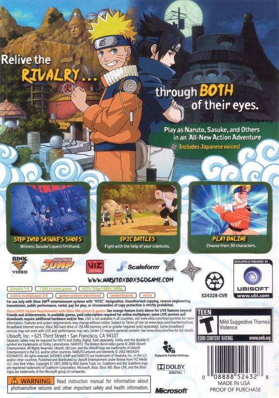 Naruto: The Broken Bond | Xbox 360 | back cover | region=North America | source-country=United States | zypher-v2 | moby-66792c3a495d | Data by MobyGames.com
