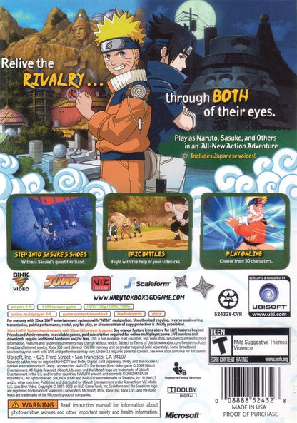 Naruto: The Broken Bond | Xbox 360 | back cover | region=North America | source-country=United States | zypher-v2 | moby-66792c3a495d | Data by MobyGames.com