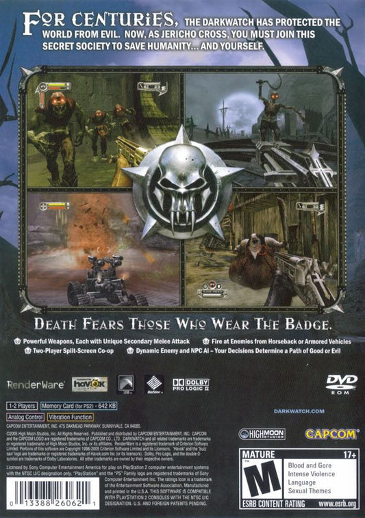 
Darkwatch | PlayStation 2 | back cover | Region: North America | source-country=United States | Data by MobyGames.com
