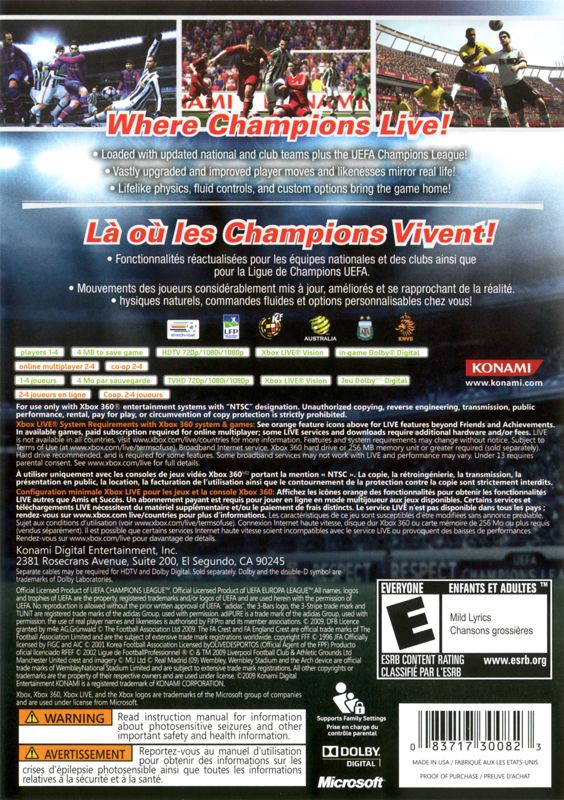 
PES 2010: Pro Evolution Soccer | Xbox 360 | back cover | Region: North America | source-country=Canada,United States | Data by MobyGames.com