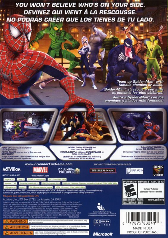 
Spider-Man: Friend or Foe | Xbox 360 | back cover | Data by MobyGames.com