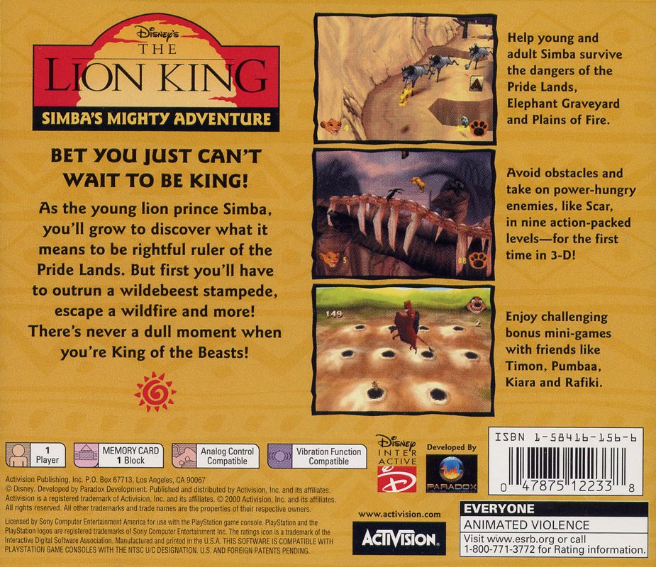 
Disney's The Lion King: Simba's Mighty Adventure | PlayStation | back cover | Region: North America | source-country=United States | Data by MobyGames.com
