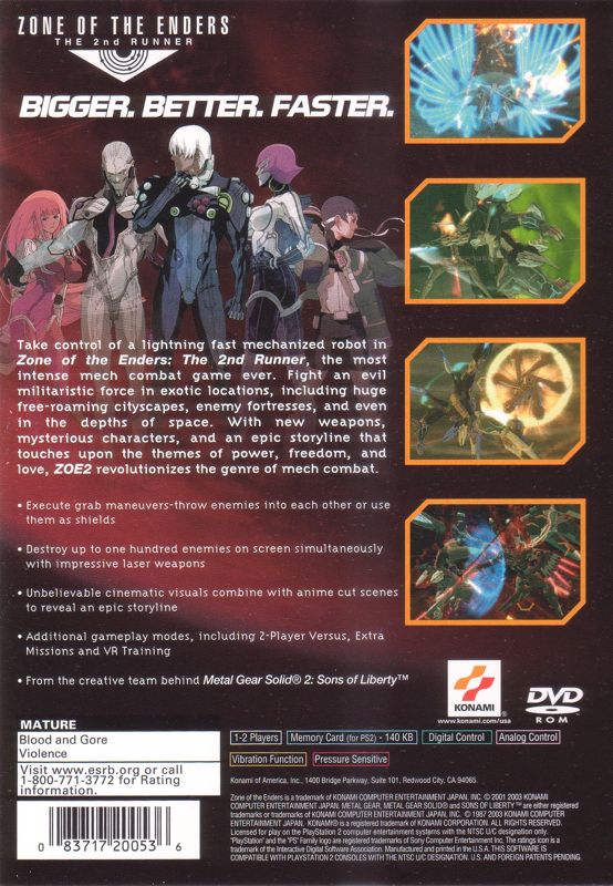 
Zone of the Enders: The 2nd Runner | PlayStation 2 | back cover | Region: North America | source-country=Canada,United States | Data by MobyGames.com