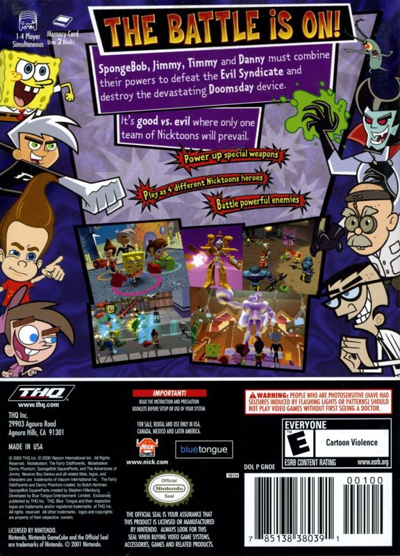 Nicktoons Unite! | GameCube | back cover | region=North America | source-country=United States | zypher-v2 | moby-1f6642a773f1 | Data by MobyGames.com
