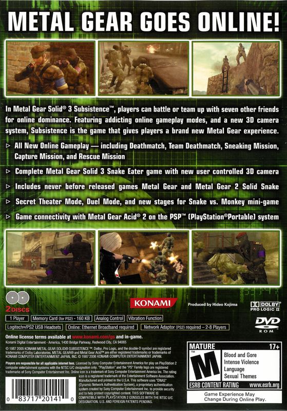 
Metal Gear Solid 3: Subsistence | PlayStation 2 | back cover | Data by MobyGames.com
