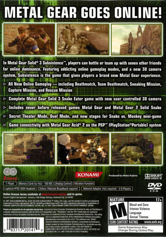 
Metal Gear Solid 3: Subsistence | PlayStation 2 | back cover | Data by MobyGames.com