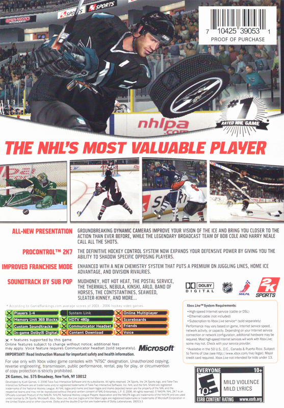NHL 2K7 | Xbox | back cover | region=North America | source-country=United States | zypher-v2 | moby-3523eecea3e4 | Data by MobyGames.com