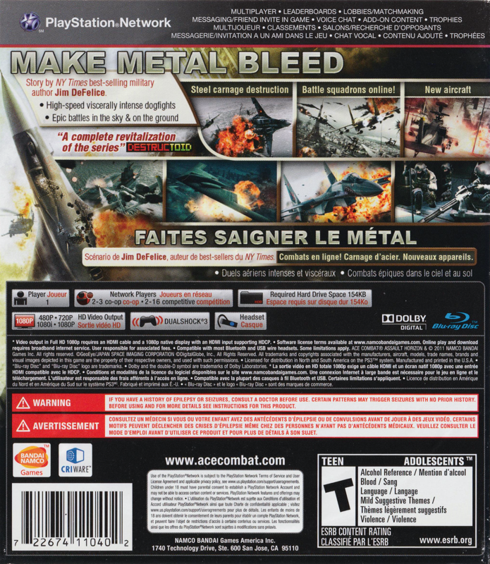 Ace Combat: Assault Horizon | PlayStation 3 | back cover | region=North America | source-country=Canada | zypher-v2 | moby-95b50d73ec39 | Data by MobyGames.com