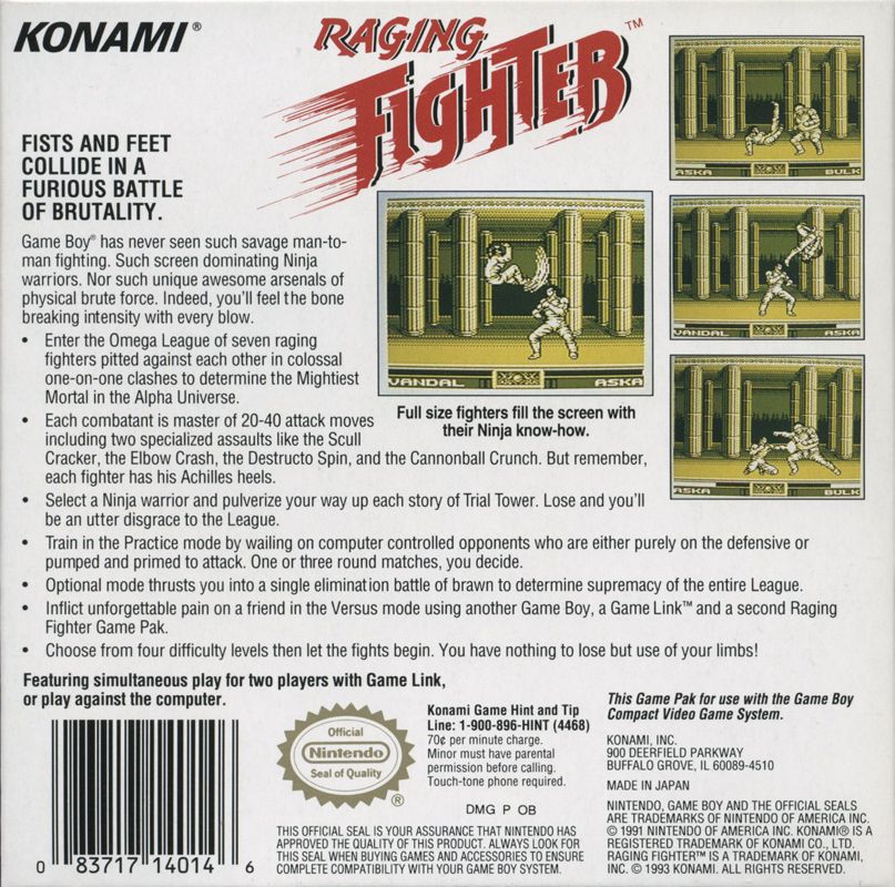 
Raging Fighter | Game Boy | back cover | Data by MobyGames.com