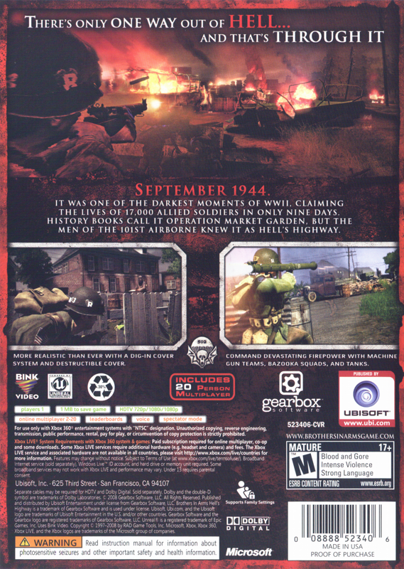 Brothers in Arms: Hell's Highway | Xbox 360 | back cover | Region: North America | source-country=United States | Data by MobyGames.com