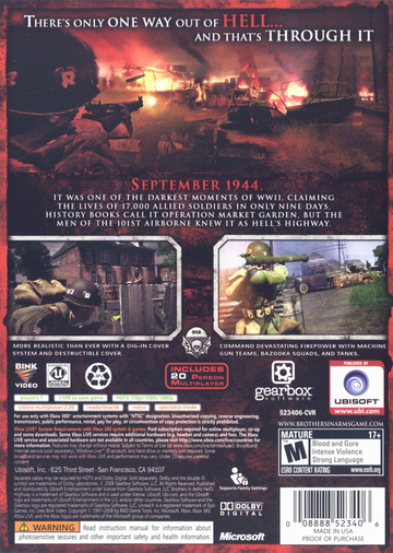 
Brothers in Arms: Hell's Highway | Xbox 360 | back cover | Region: North America | source-country=United States | Data by MobyGames.com