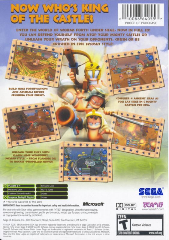 
Worms Forts: Under Siege | Xbox | back cover | Region: North America | source-country=United States | Data by MobyGames.com
