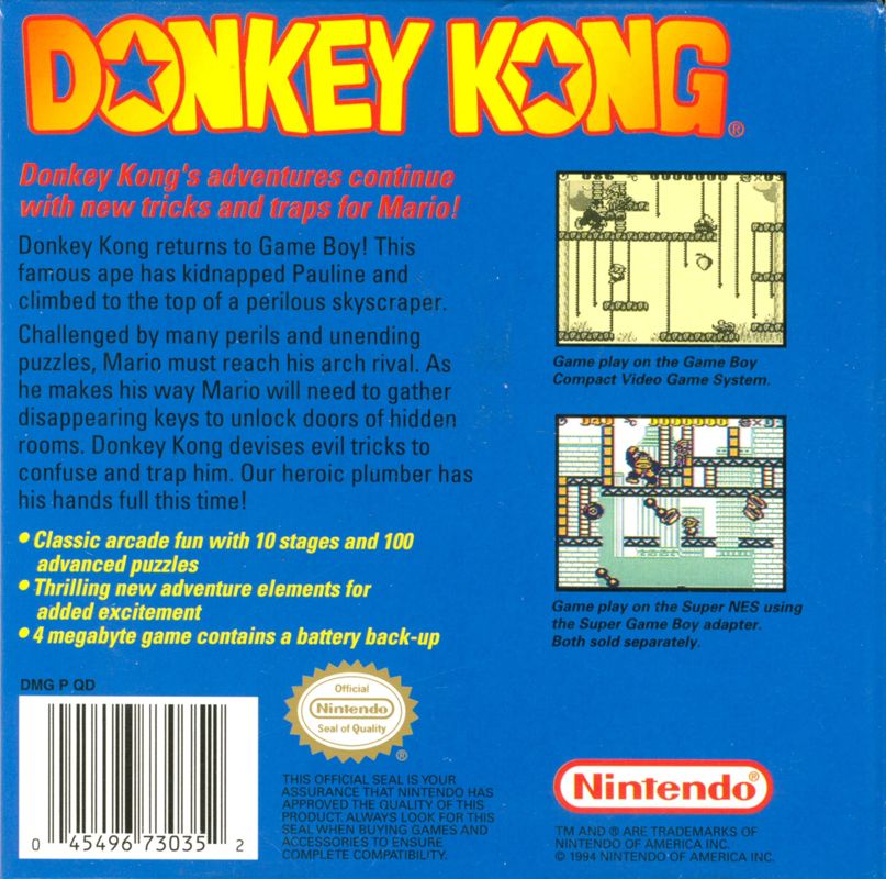 
Donkey Kong | Game Boy | back cover | Data by MobyGames.com