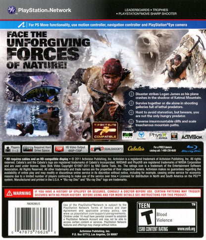 Cabela's Survival: Shadows of Katmai | PlayStation 3 | back cover | region=North America | source-country=United States | zypher-v2 | moby-175c31513f8e | Data by MobyGames.com