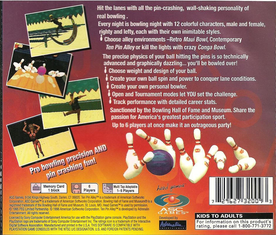 Ten Pin Alley | PlayStation | back cover | Region: North America | source-country=United States | Data by MobyGames.com