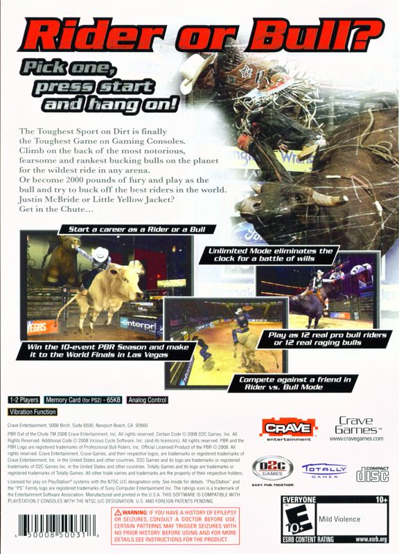 PBR: Out of the Chute | PlayStation 2 | back cover | region=North America | source-country=Canada,United States | zypher-v2 | moby-220709e8a1ba | Data by MobyGames.com