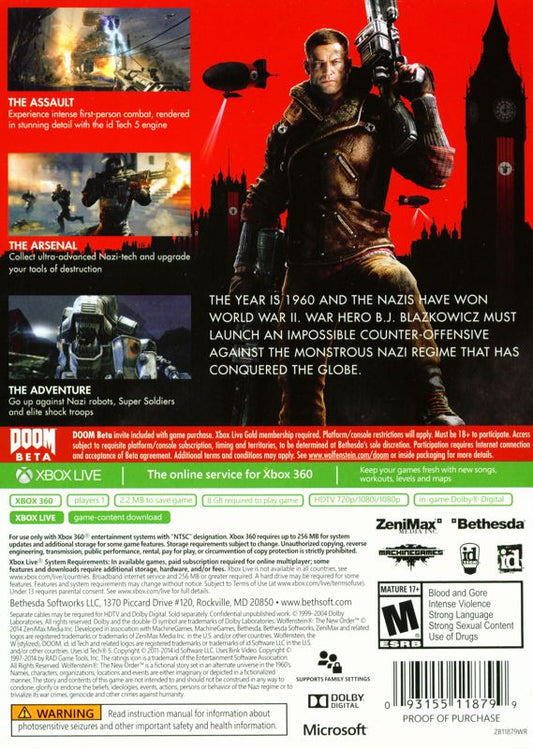 Wolfenstein: The New Order | Xbox 360 | back cover | region=North America | source-country=Canada,United States | zypher-v2 | moby-a96927c1b642 | Data by MobyGames.com