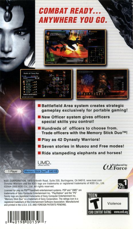 Dynasty Warriors | PSP | back cover | region=North America | source-country=United States | zypher-v2 | moby-799c4c4f6b29 | Data by MobyGames.com