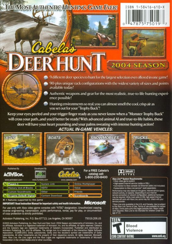 
Cabela's Deer Hunt: 2004 Season | Xbox | back cover | Data by MobyGames.com