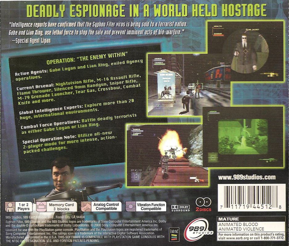 
Syphon Filter 2 | PlayStation | back cover | Region: North America | source-country=United States | Data by MobyGames.com