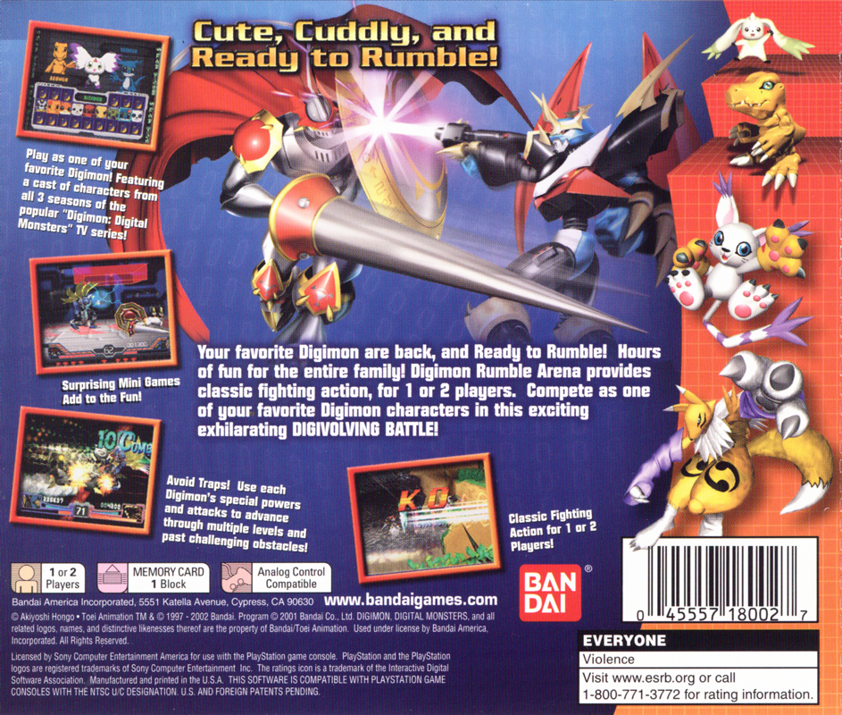 Digimon Rumble Arena | PlayStation | back cover | region=North America | source-country=Canada,United States | zypher-v2 | moby-cc00f74e3458 | Data by MobyGames.com