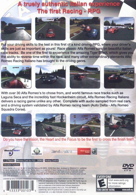 Alfa Romeo Racing Italiano | PlayStation 2 | back cover | region=North America | source-country=United States | zypher-v2 | moby-9c554cab992d | Data by MobyGames.com