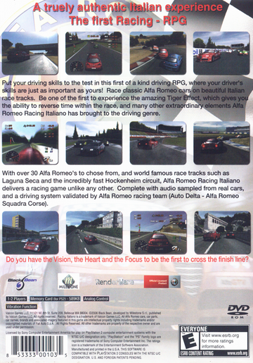 Alfa Romeo Racing Italiano | PlayStation 2 | back cover | region=North America | source-country=United States | zypher-v2 | moby-9c554cab992d | Data by MobyGames.com