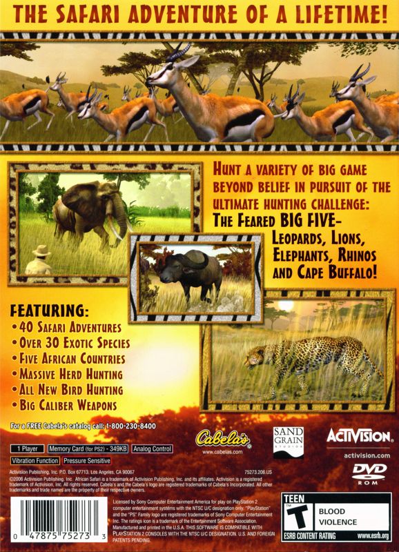 
Cabela's African Safari | PlayStation 2 | back cover | Region: North America | source-country=United States | Data by MobyGames.com