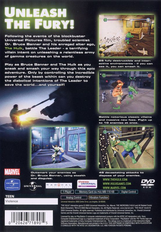 
Hulk | PlayStation 2 | back cover | Region: North America | source-country=Canada,United States | Data by MobyGames.com