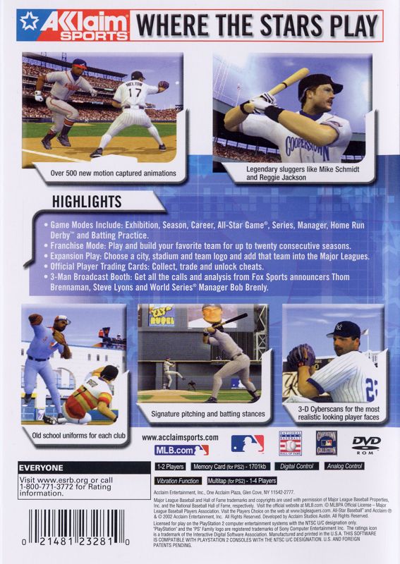 All-Star Baseball 2003 | PlayStation 2 | back cover | Region: North America | source-country=United States | Data by MobyGames.com
