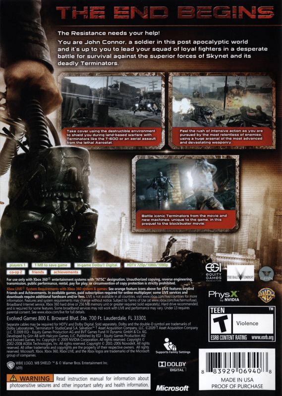 Terminator: Salvation | Xbox 360 | back cover | region=North America | source-country=United States | zypher-v2 | moby-9b32632f2d8f | Data by MobyGames.com