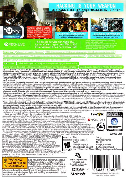 
Watch_Dogs | Xbox 360 | back cover | Region: North America | source-country=Canada | Data by MobyGames.com
