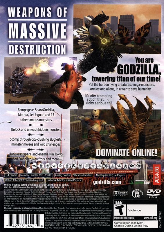 
Godzilla: Save the Earth | PlayStation 2 | back cover | Region: North America | source-country=United States | Data by MobyGames.com