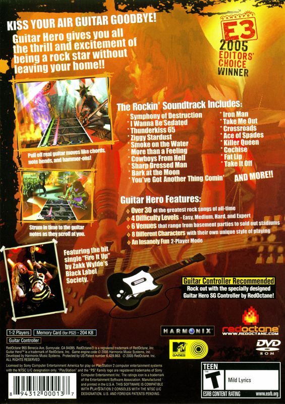 Guitar Hero | PlayStation 2 | back cover | region=North America | source-country=Canada,United States | zypher-v2 | moby-f9c8ba38d54b | Data by MobyGames.com