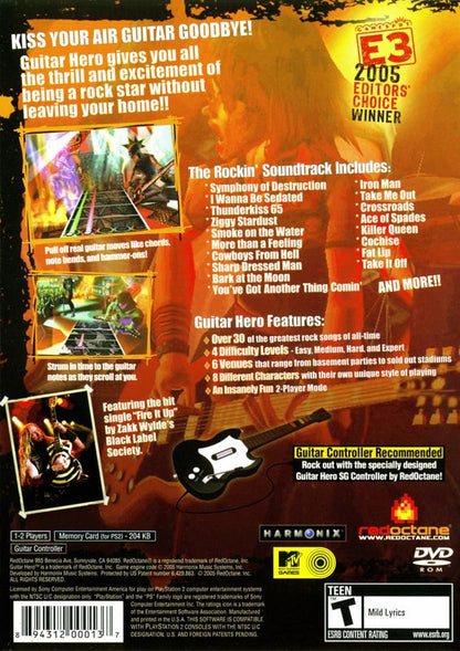 Guitar Hero | PlayStation 2 | back cover | region=North America | source-country=Canada,United States | zypher-v2 | moby-f9c8ba38d54b | Data by MobyGames.com