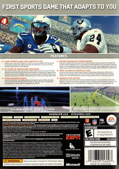 Madden NFL 09 | Xbox 360 | back cover | region=North America | source-country=United States | zypher-v2 | moby-5830c1f94bc6 | Data by MobyGames.com