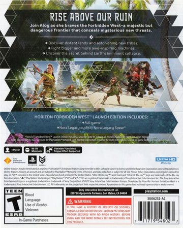 Horizon II: Forbidden West (Launch Edition) | PlayStation 5 | back cover | region=North America | source-country=United States | zypher-v2 | moby-57e75050096d | Data by MobyGames.com
