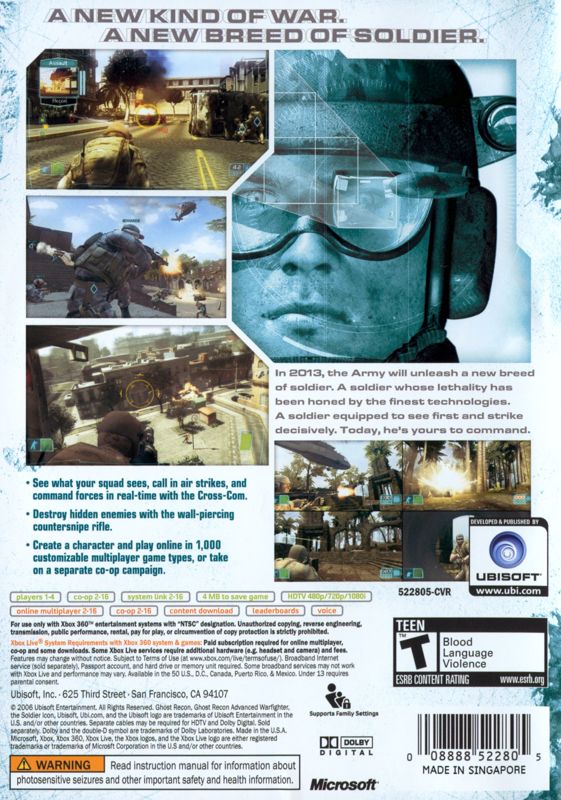 Tom Clancy's Ghost Recon: Advanced Warfighter | Xbox 360 | back cover | region=North America | source-country=United States | zypher-v2 | moby-fe8bf2c87bf9 | Data by MobyGames.com