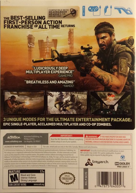 Call of Duty: Black Ops | Wii | back cover | region=North America | source-country=United States | zypher-v2 | moby-4bb2c4957612 | Data by MobyGames.com