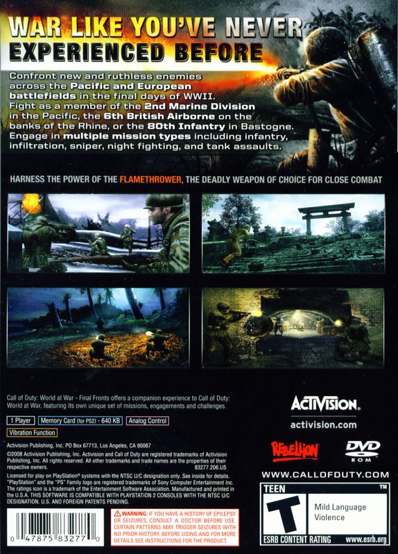 Call of Duty: World at War - Final Fronts | PlayStation 2 | back cover | region=North America | source-country=Canada,United States | zypher-v2 | moby-8ecce06fef25 | Data by MobyGames.com