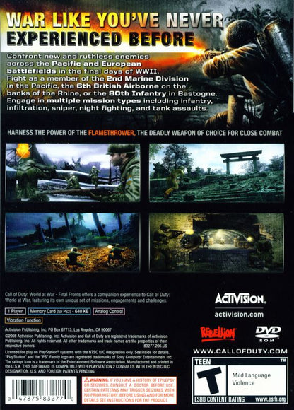 Call of Duty: World at War - Final Fronts | PlayStation 2 | back cover | region=North America | source-country=Canada,United States | zypher-v2 | moby-8ecce06fef25 | Data by MobyGames.com