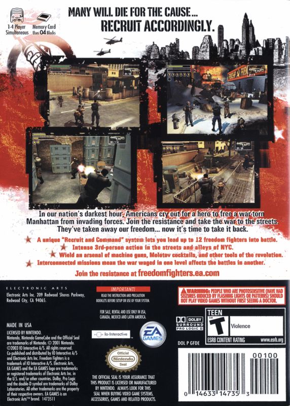 Freedom Fighters | GameCube | back cover | region=North America | source-country=United States | zypher-v2 | moby-20882b466f0c | Data by MobyGames.com