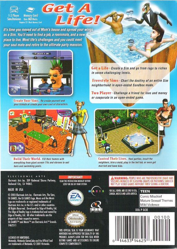 The Sims | GameCube | back cover | region=North America | source-country=United States | zypher-v2 | moby-2b47c83ec09b | Data by MobyGames.com