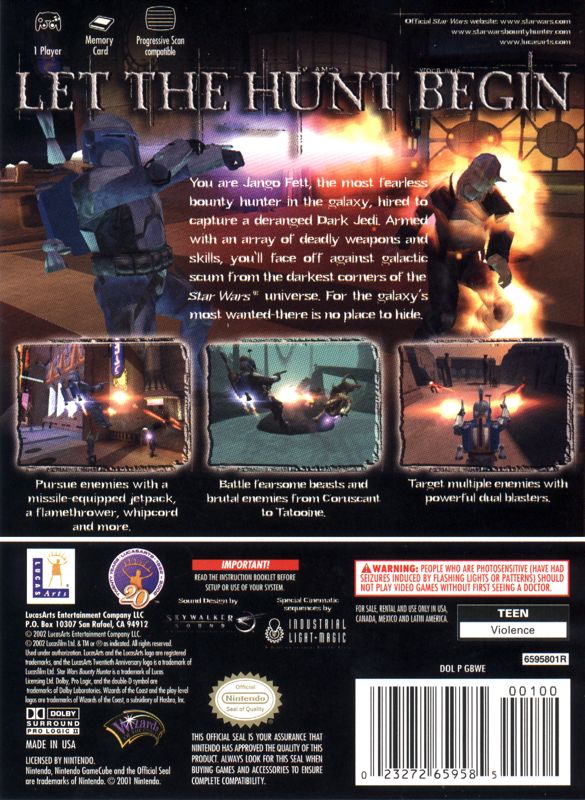 Star Wars: Bounty Hunter | GameCube | back cover | region=North America | source-country=United States | zypher-v2 | moby-5c1457440690 | Data by MobyGames.com