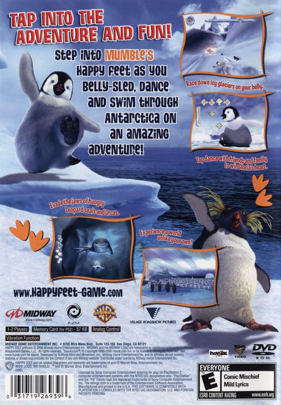 Happy Feet | PlayStation 2 | back cover | Region: North America | source-country=United States | Data by MobyGames.com