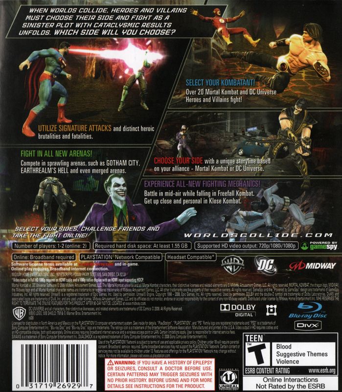 Mortal Kombat vs. DC Universe | PlayStation 3 | back cover | region=North America | source-country=United States | zypher-v2 | moby-8f863f419249 | Data by MobyGames.com