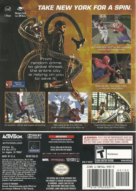 
Spider-Man 2 | GameCube | back cover | Data by MobyGames.com