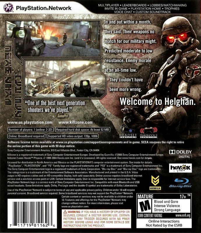 
Killzone 2 | PlayStation 3 | back cover | Region: North America | source-country=United States | Data by MobyGames.com